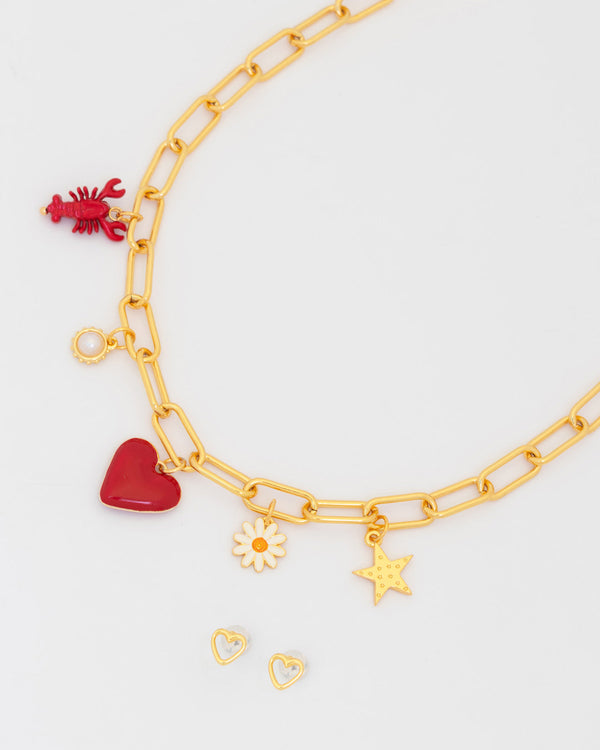 Collar Multicharms Corazon Fiesta + Aretes