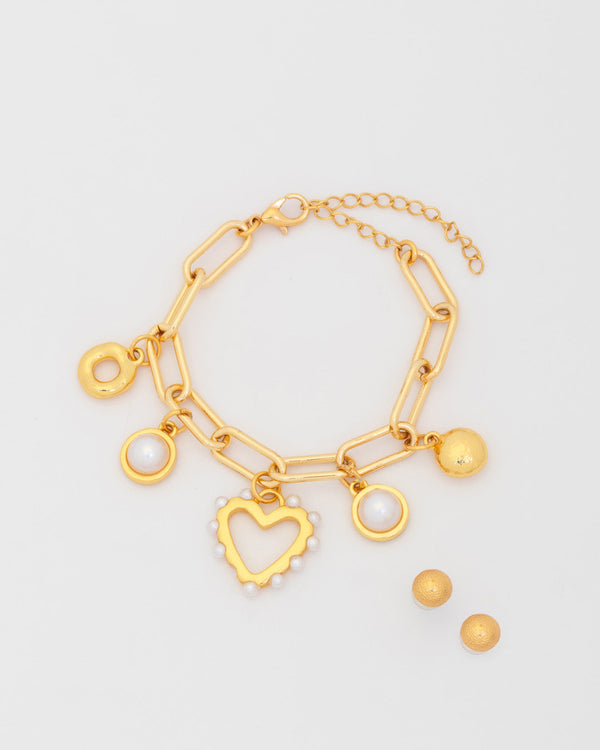Pulsera Multicharms Corazón Perla + Aretes