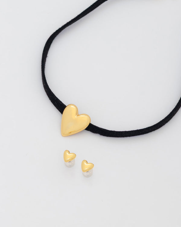 Choker Cuero Corazón Liso + Aretes