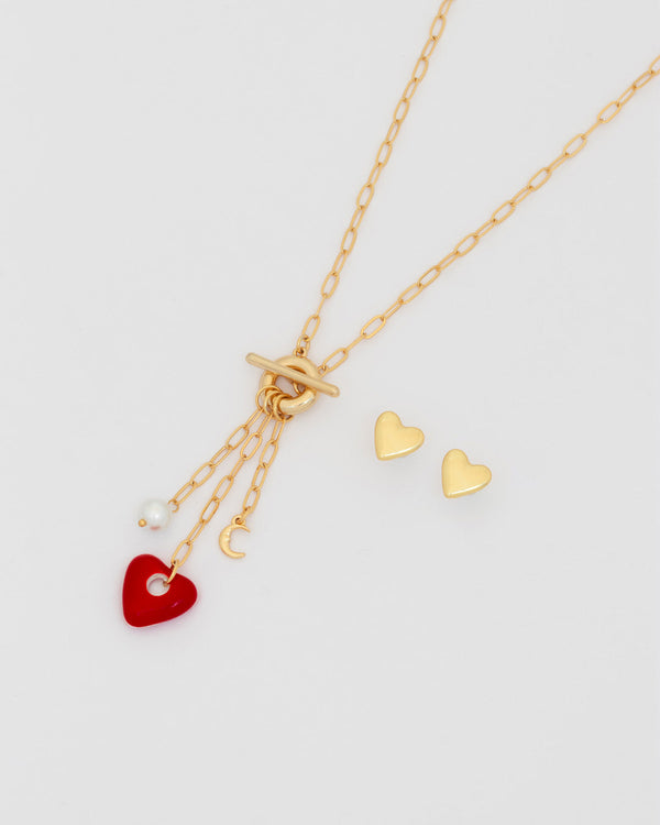 Collar Corbatín Corazón Perla + Aretes